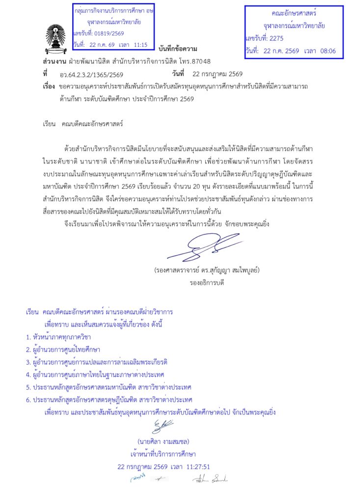ประกาศ จุฬาลงกรณ์มหาวิทยาลัย การรับสมัครทุนอุดหนุนการศึกษาสำหรับนิสิตที่มีความสามารถด้านกีฬา ระดับบัณฑิตศึกษา ปีการศึกษา 2569
